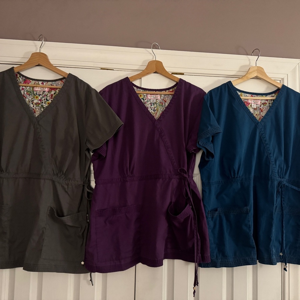 Koi Floral Scrub Tops - lot of 3, with Black Cherokee Workwear scrub pants